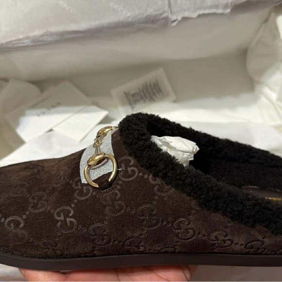 Gucci Dark Brown Mules with Gold Accent